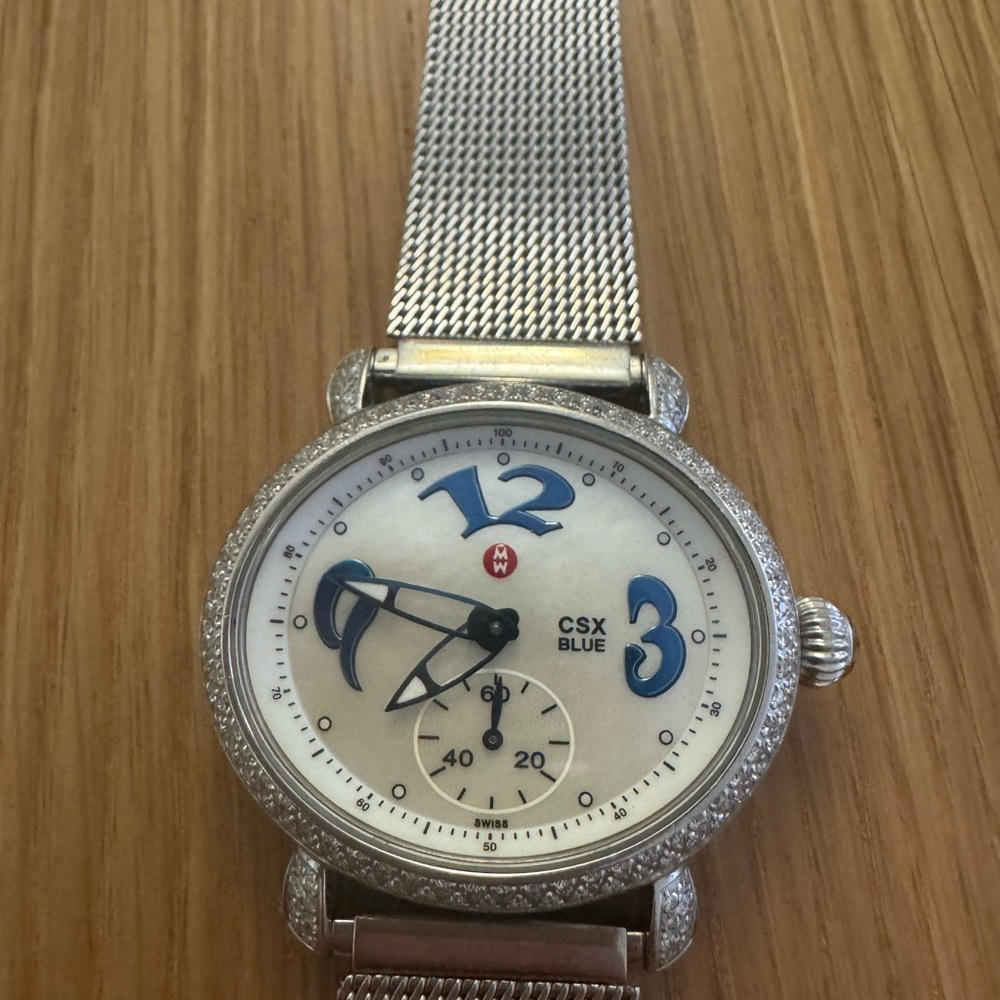 Michele CSX Blue Silver Watch with Diamonds